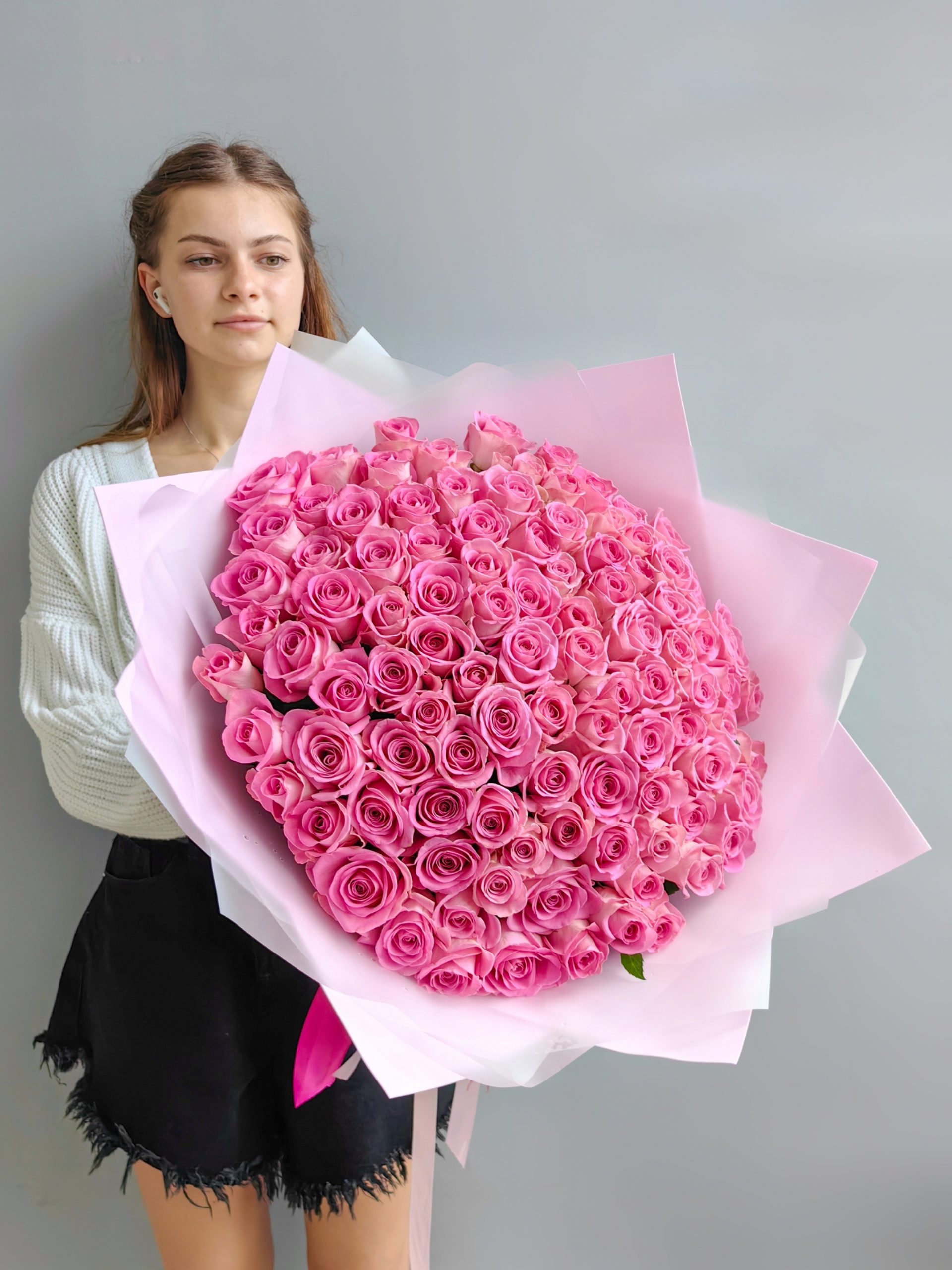 Букет из 101 розовой розы, 50 см, Россия